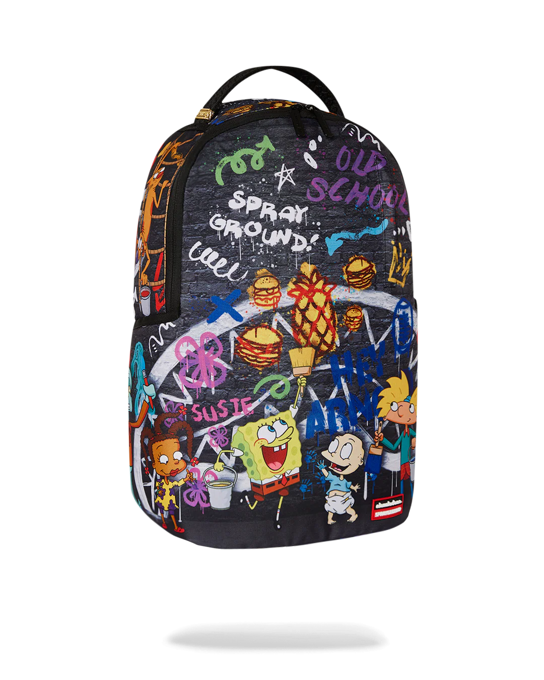 sprayground backpack showcasing various 90s nicktoons characters and graffiti designs 