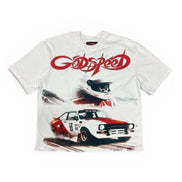 White t-shirt with racing car design and 'Godspeed' text on a white background