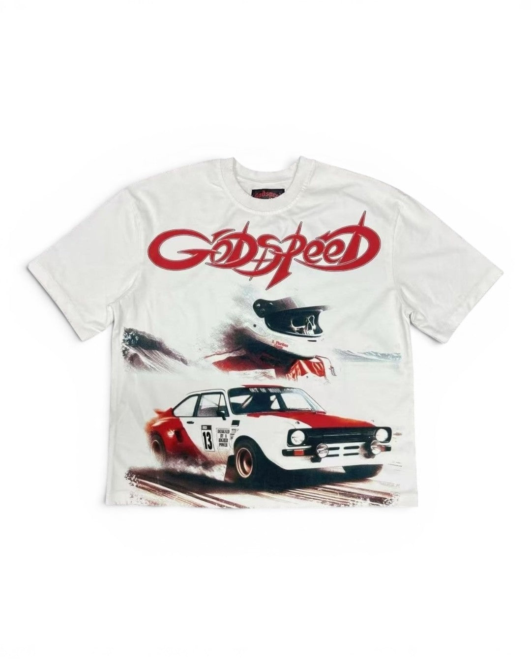 White t-shirt with racing car design and 'Godspeed' text on a white background
