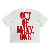 White t-shirt with red text 'OUT OF MANY, ONE' on a white background