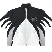 Black and white jacket with a brand logo on a white background