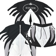 Black and white jacket with 'Riche' branding on a white background