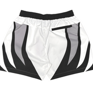 White shorts with black and gray striped pattern on a white background
