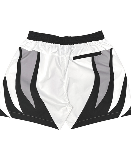 White shorts with black and gray striped pattern on a white background