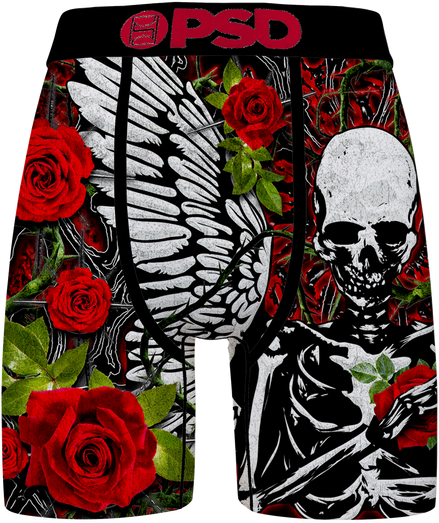 Briefs with a design of a skeleton, wings, and red roses on a black background.