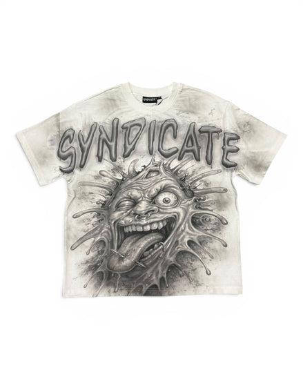T-shirt with graphic design and 'SYNDICATE' text on a white background