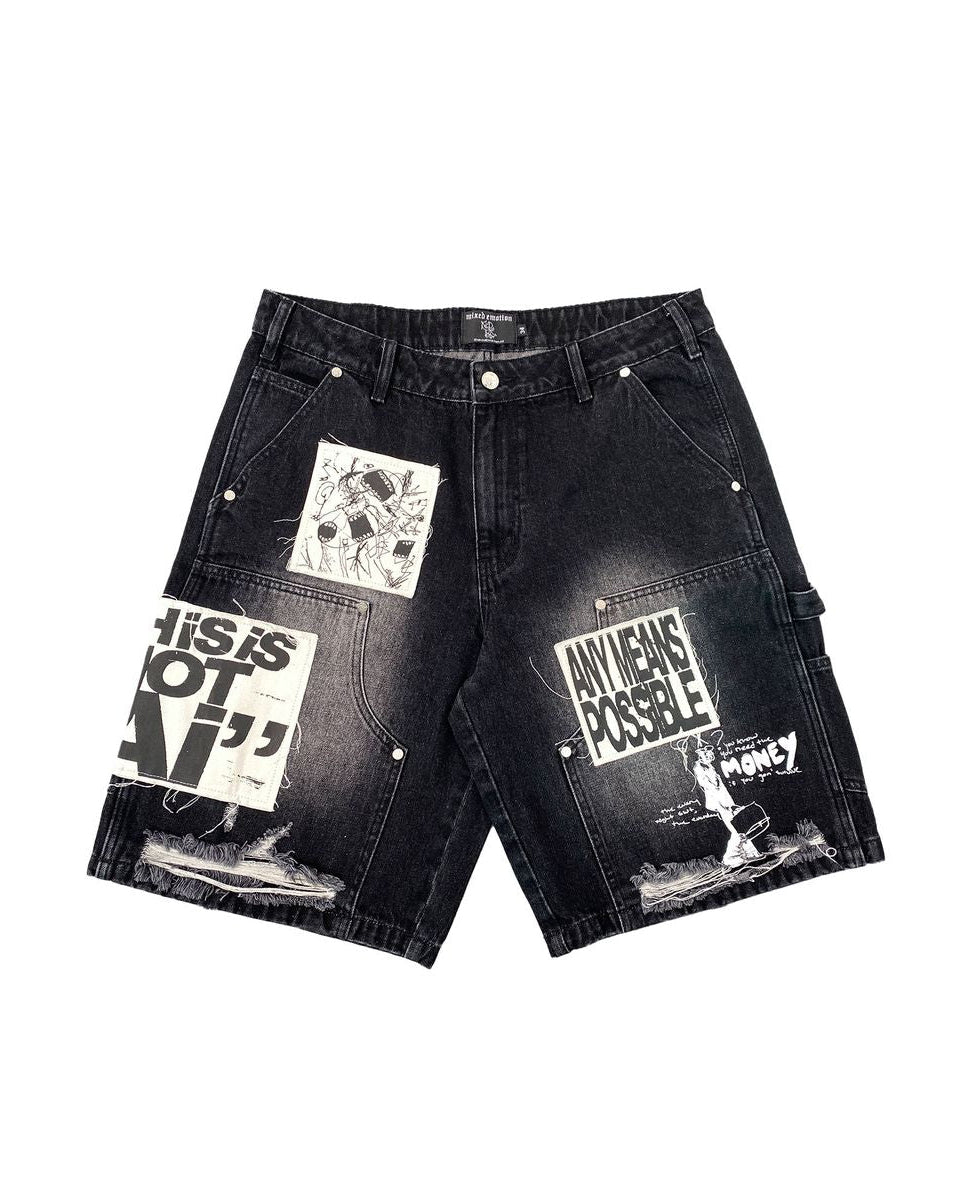 Black denim shorts with graphic designs on a white background
