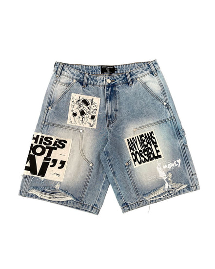 Denim shorts with text and graphic designs on a white background