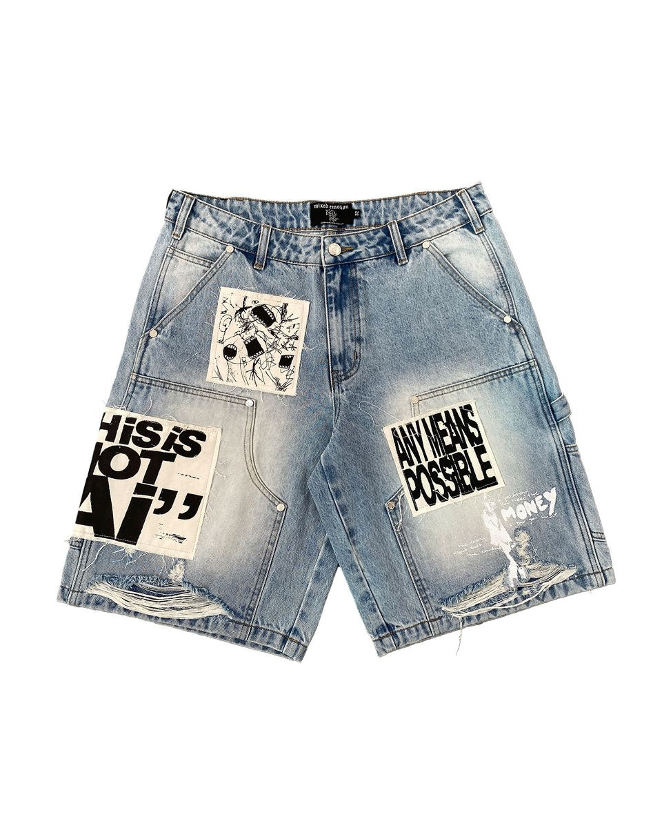 Denim shorts with text and graphic designs on a white background