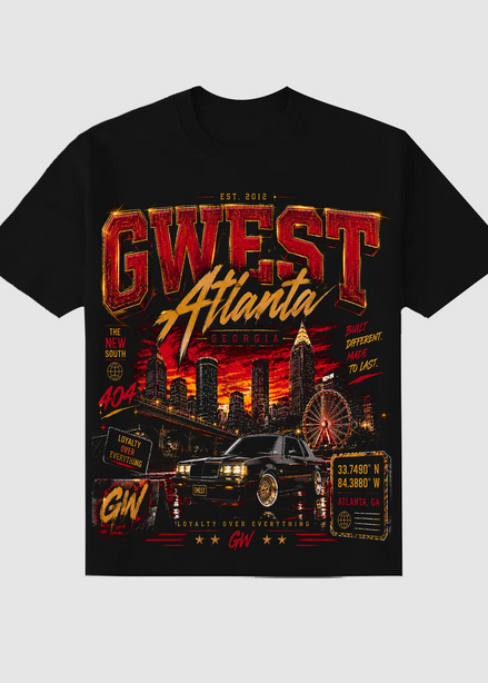 Black t-shirt with 'West Atlanta' graphic design featuring a car and cityscape on a light gray background.
