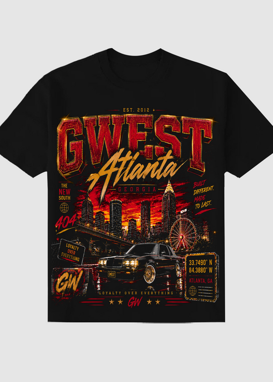 Black t-shirt with 'West Atlanta' graphic design featuring a car and cityscape on a light gray background.