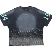 Black t-shirt with gradient design and text on a white background