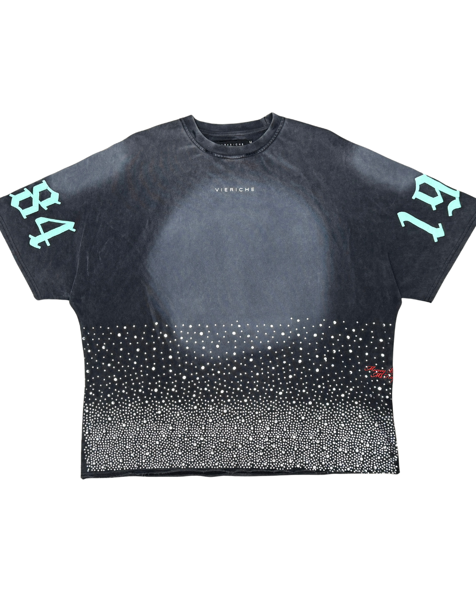 Black t-shirt with gradient design and text on a white background