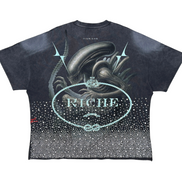 Black t-shirt with alien graphic and 'Riche' text on a white background
