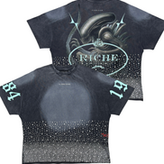 Black t-shirt with graphic design on front and back, featuring a brand logo.