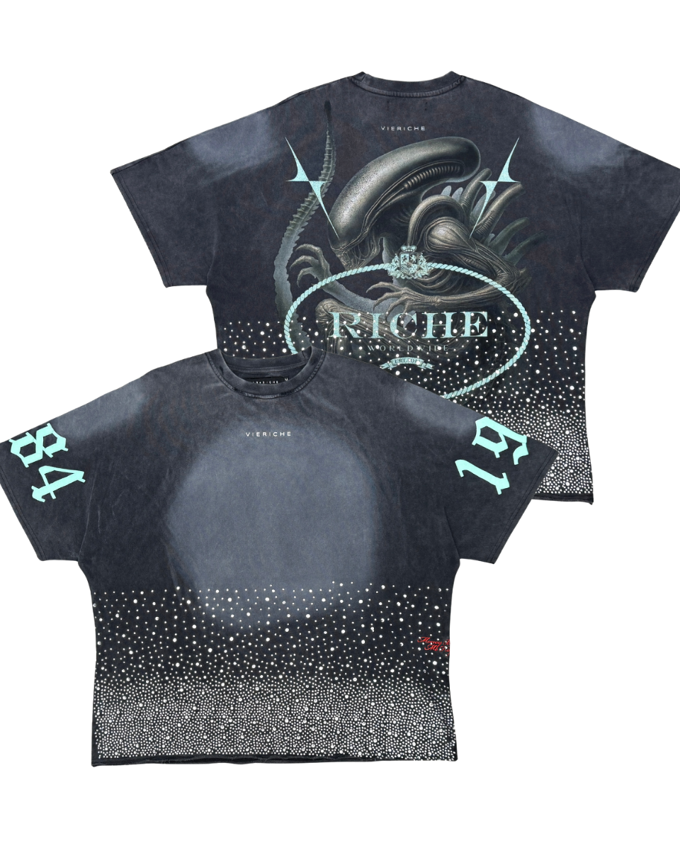 Black t-shirt with graphic design on front and back, featuring a brand logo.