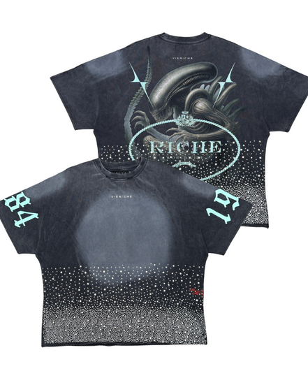 Black t-shirt with graphic design on front and back, featuring a brand logo.