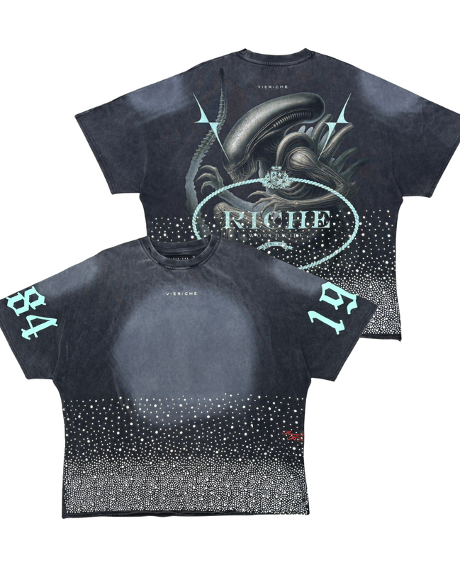 Black t-shirt with graphic design on front and back, featuring a brand logo.