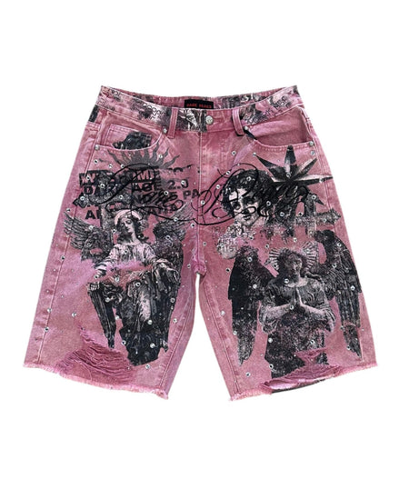 Pink denim shorts with black graphic designs on a white background