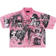 Pink denim shirt with black graphic designs on a white background