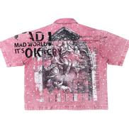 Pink denim shirt with graphic design and text on a white background