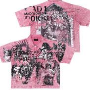 Pink shirt with black graphic designs and text on a white background