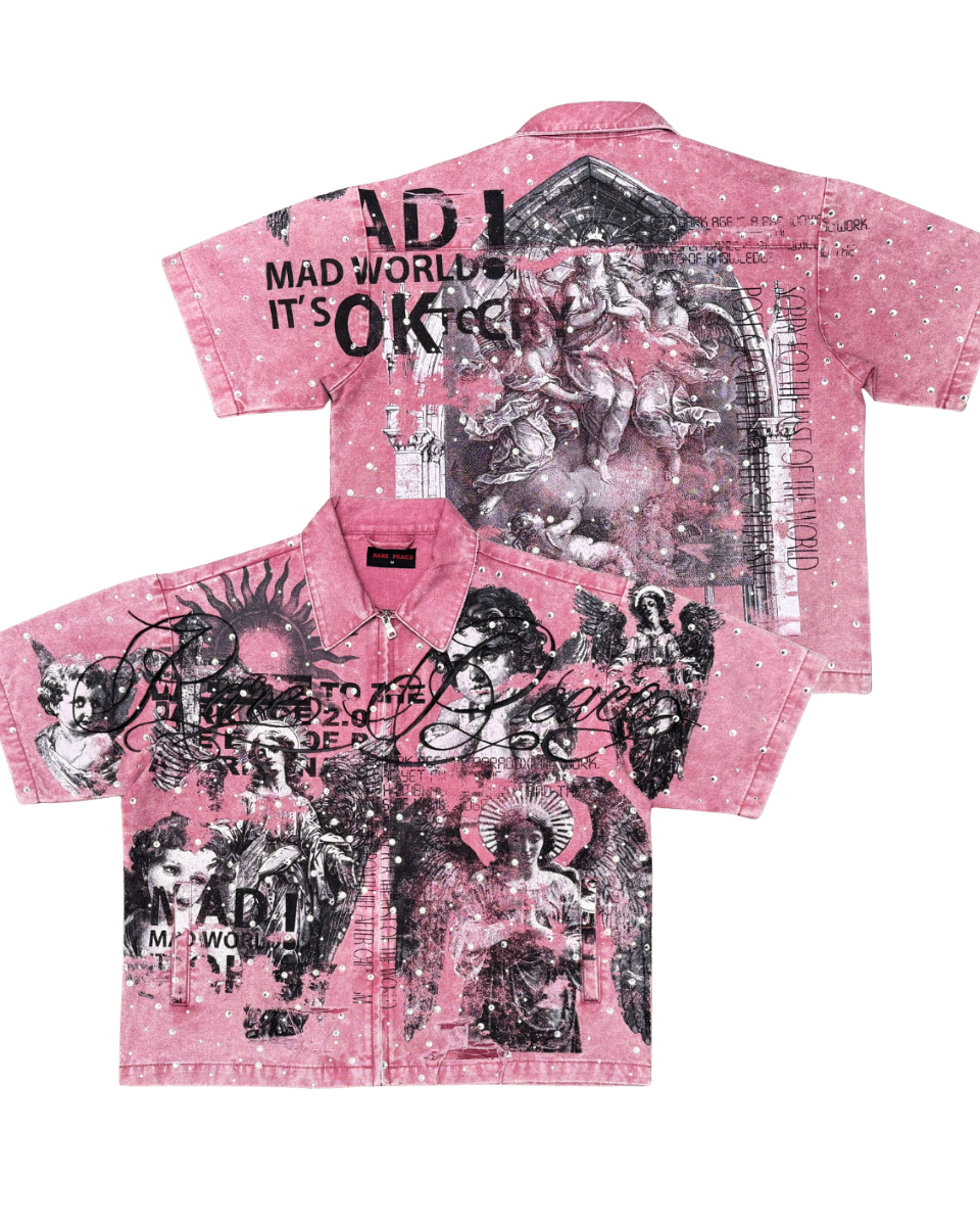 Pink shirt with black graphic designs and text on a white background