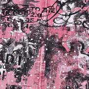 Collage of classical figures and text on a pink background