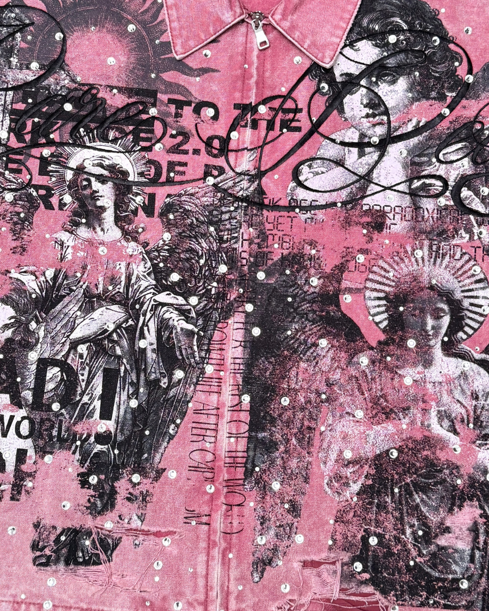 Collage of classical figures and text on a pink background