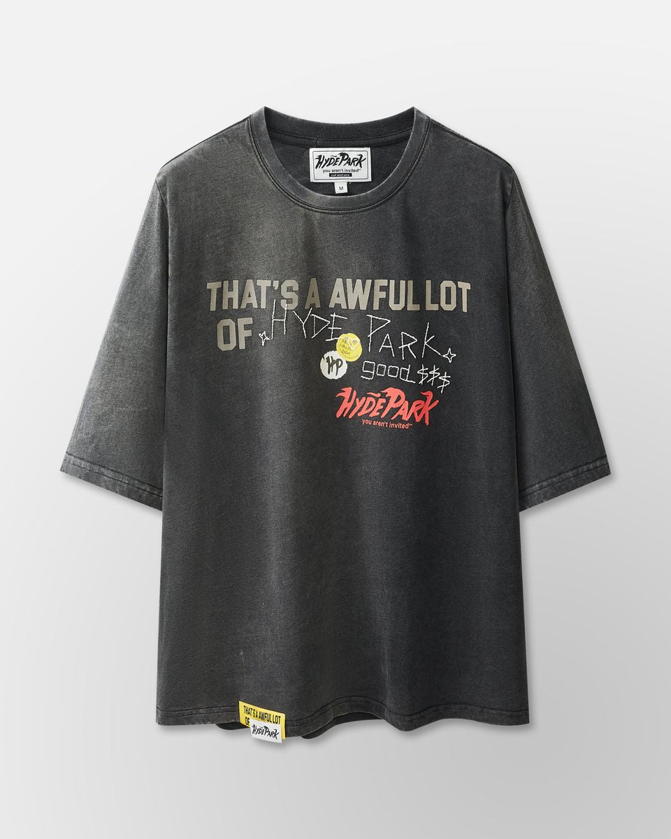 Black t-shirt with graphic text and logos on a light gray background