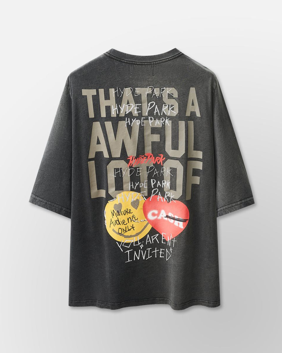 Black t-shirt with graphic design and text on a light gray background