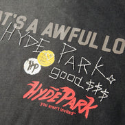 Black t-shirt with 'Hyde Park' text and logos on a dark background