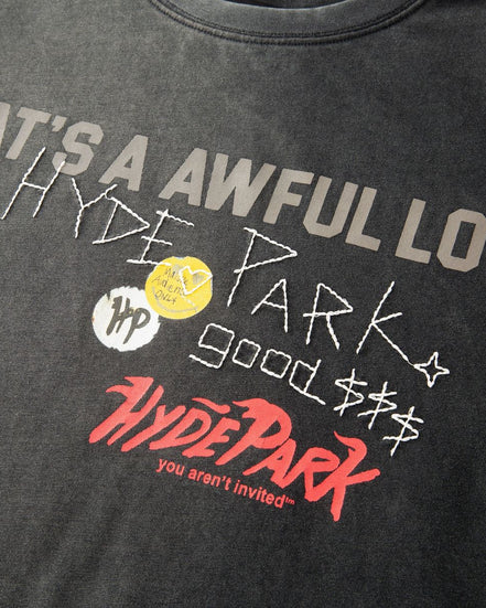Black t-shirt with 'Hyde Park' text and logos on a dark background