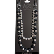 Black and silver beaded wallet chain on a display card with 'Pearl & Halo' branding.