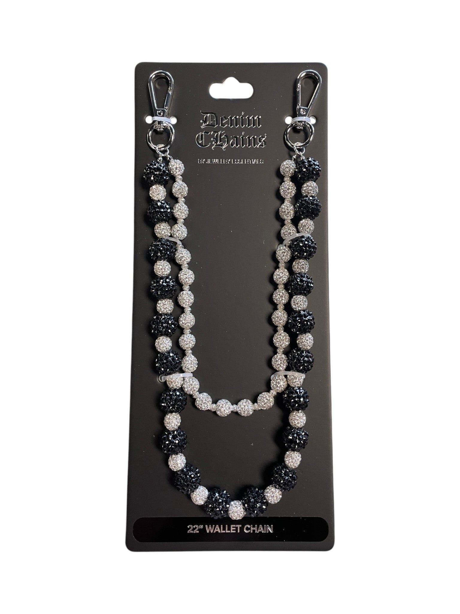 Black and silver beaded wallet chain on a display card with 'Pearl & Halo' branding.