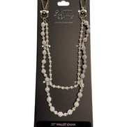 Pearl and crystal wallet chain on a black card with 'Premium Jewelry' branding.