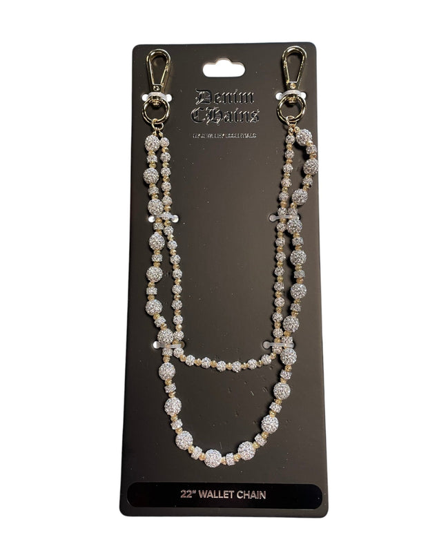 Pearl and crystal wallet chain on a black card with 'Premium Jewelry' branding.