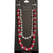 Red and silver beaded wallet chain on a black card with 'Platinum Chains' branding.