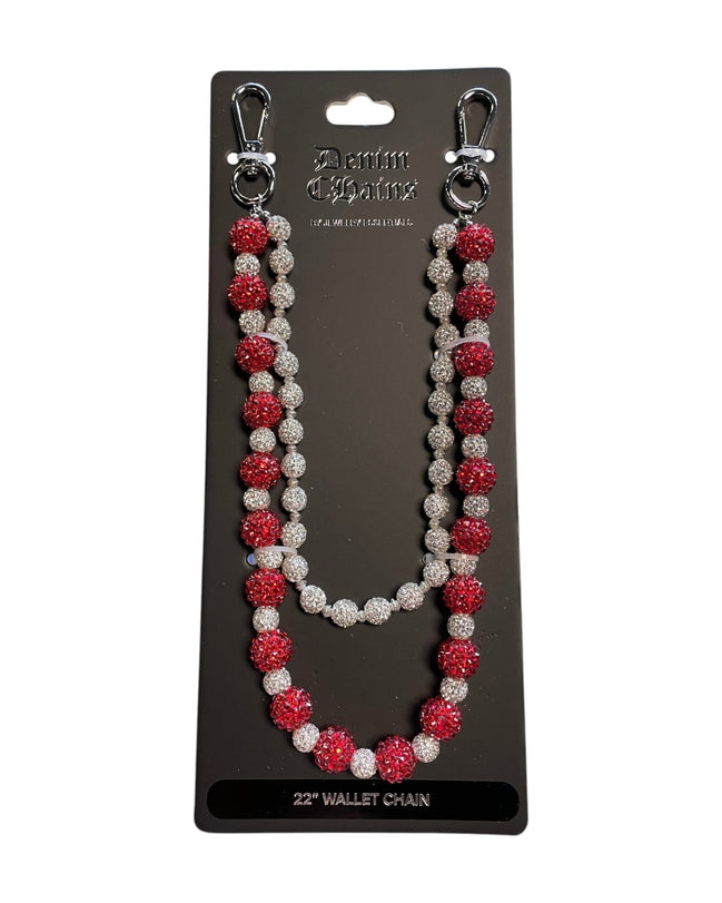 Red and silver beaded wallet chain on a black card with 'Platinum Chains' branding.
