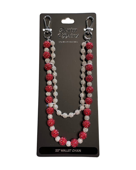 Red and silver beaded wallet chain on a black card with 'Platinum Chains' branding.