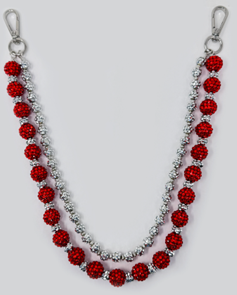 Red beaded pant chain with silver accents on a white background