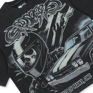Black t-shirt with graphic design of a person on a motorcycle and text 'Out of many, one'.