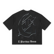Black t-shirt with a large white logo and 'E Pluribus Unum' text on a white background