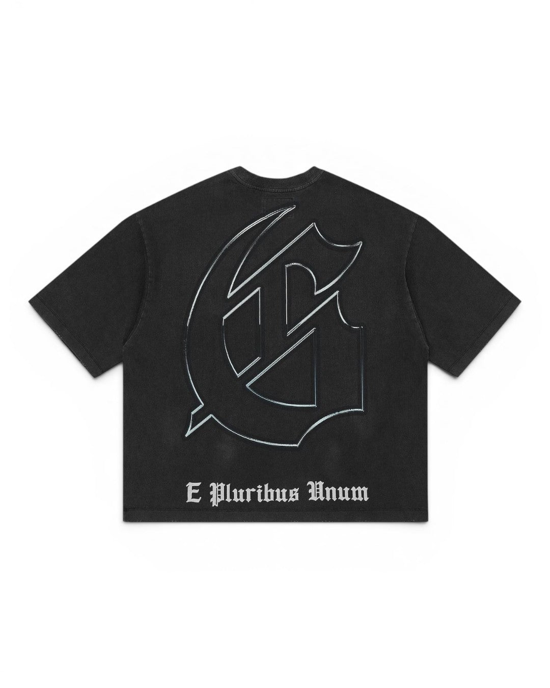 Black t-shirt with a large white logo and 'E Pluribus Unum' text on a white background