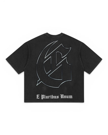 Black t-shirt with a large white logo and 'E Pluribus Unum' text on a white background