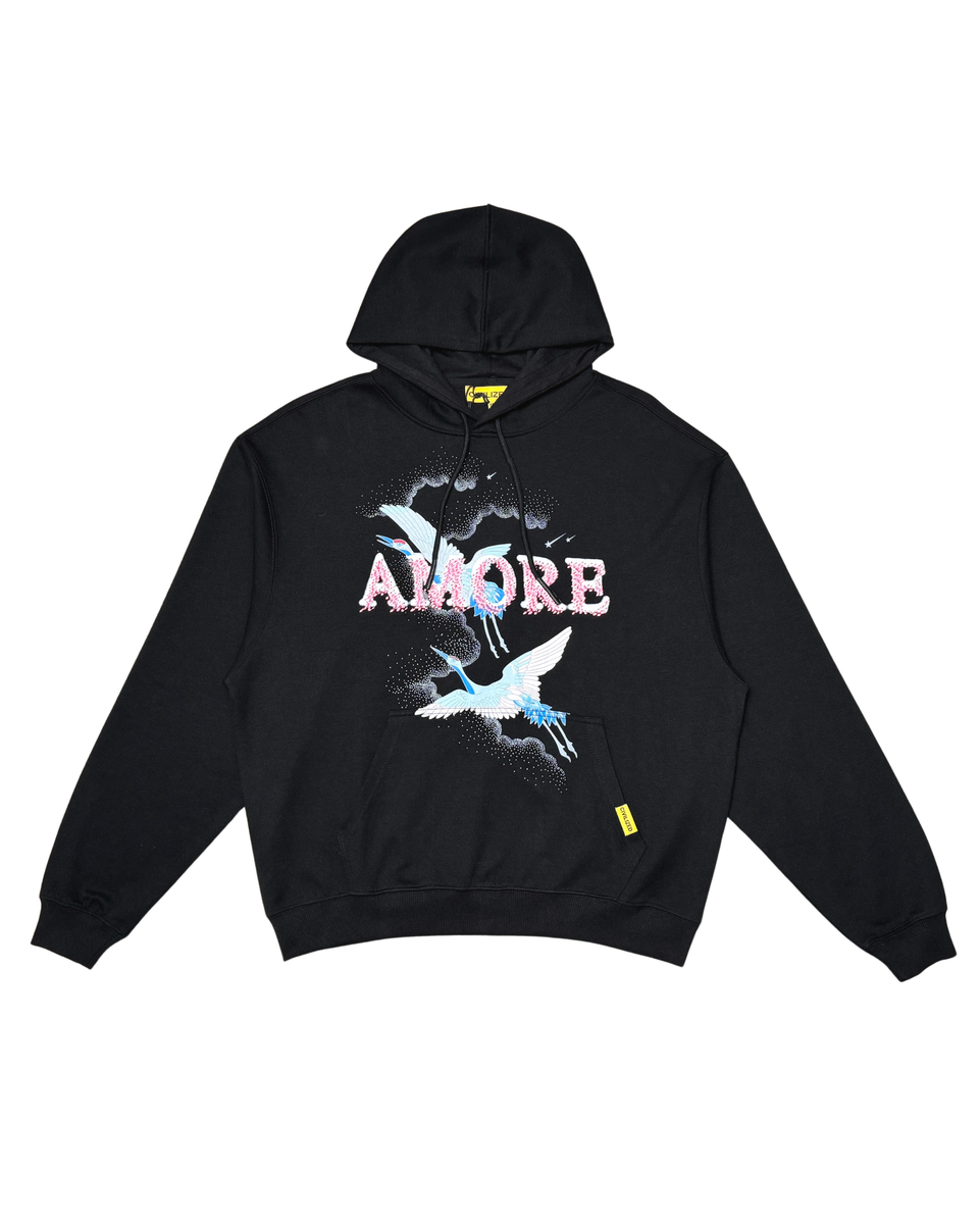Black hoodie with graphic design and text on a white background
