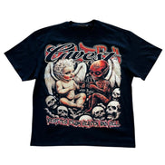 Black t-shirt with graphic design featuring an alien and cherub with skulls on a white background