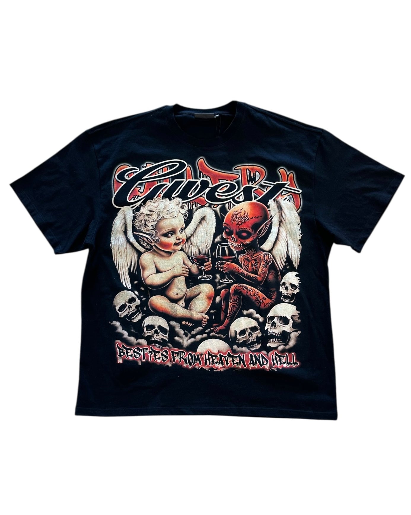 Black t-shirt with graphic design featuring an alien and cherub with skulls on a white background