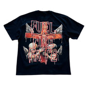 Black t-shirt with graphic design and text on a white background