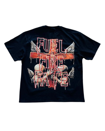 Black t-shirt with graphic design and text on a white background